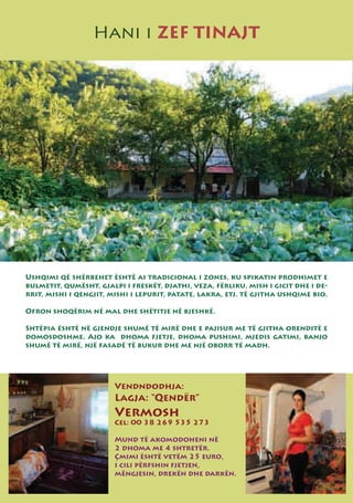 Hani i ZEF TINAJT




Ushqimi që shërbehet është ai tradicional i zones, ku spikatin prodhimet e
bulmetit, qumësht, gjalpi i freskët, djathi, veza, fërliku, mish i gicit dhe i de-
rrit, mishi i qengjit, mishi i lepurit, patate, lakra, etj. të gjitha ushqime bio.

Ofron shoqërim në mal dhe shëtitje në bjeshkë.

Shtëpia është në gjendje shumë të mirë dhe e pajisur me të gjitha orenditë e
domosdoshme. Ajo ka dhoma fjetje, dhoma pushimi, mjedis gatimi, banjo
shumë të mirë, një fasadë të bukur dhe me një oborr të madh.




                        Vendndodhja:
                        Lagja: “Qendër”
                        Vermosh
                        Cel: 00 38 269 535 273

                        Mund të akomodoheni në
                        2 dhoma me 4 shtretër.
                        Çmimi është vetëm 25 euro,
                        i cili përfshin fjetjen,
                        mëngjesin, drekën dhe darkën.
 