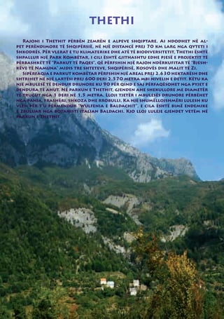 THETHI
   Rajoni i Thethit përbën zemrën e alpeve shqiptare. Ai ndodhet në al-
pet perëndimore të Shqipërsië, në një distancë prej 70 km larg nga qyteti i
Shkodrës. Për vlerat e tij klimaterike dhe atë të biodiversitetit, Thethi është
shpallur një Park Kombëtar, i cili është gjithashtu edhe pjesë e projektit të
përbashkët të “Parkut të Paqes”, që përfshin një rajon ndërkufitar të “Bjesh-
këve të Namuna” midis tre shteteve, Shqipërisë, Kosovës dhe Malit të Zi.
   Sipërfaqja e parkut kombëtar përfshin një areal prej 2.630 hektarësh dhe
shtrihet në një lartësi prej 600 deri 2.570 metra mbi nivelin e detit. Këtu ka
një mbulesë të dendur drunore ku 90 për qind e saj përfaqësohet nga pyjet e
dendura të ahut. Në parkun e Thethit, gjenden ahe shekullore me diametër
të trugut nga 1 deri në 1,5 metra. Lloji tjetër i mbulesës drunore përbëhet
nga panja, frashëri, shkoza dhe rrobulli. Ka një shumëllojshmëri lulesh ku
vlen për t’u përmendur “Wulfenia e Baldachit”, e cila është bimë endemike
e zbuluar nga botanisti italian Baldachi. Kjo lloj luleje gjendet vetëm në
parkun e Thethit.
 