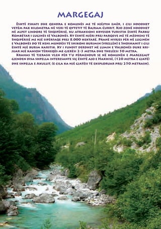 MARGEGAJ
   Është fshati dhe qendra e komunës me të njëjtin emër, i cili ndodhet
vetëm pak kilometra në veri të qytetit të Bajram Currit. Kjo zonë ndodhet
në alpet lindore të Shqipërisë, ku atraksioni kryesor turistik është Parku
Kombëtar i luginës së Valbonës. Ky është njëri prej parqeve më të mëdhenj të
Shqipërisë me një sipërfaqe prej 8.000 hektarë. Pranë hyrjes për në luginën
e Valbonës do të keni mundësi të shikoni burimin (vrellën) e Shoshanit i cili
është një burim karstik. Ky i fundit derdhet në lumin e Valbonës duke kri-
juar një kanion tërheqës me gjerësi 2-3 metra dhe thelëesi 50 metra.
   Krahas të tjerash vlen për t’u përmendur se në komunën e Margegajt
gjenden disa shpella interesante siç është ajo e Haxhisë, (120 metra e gjatë)
dhe shpella e Akullit, (e cila ka një gjatësi të eksploruar prej 250 metrash).
 
