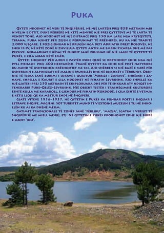Puka
   Qyteti ndodhet në veri të Shqipërisë, në një lartësi prej 838 metrash mbi
nivelin e detit, duke përbërë në këtë mënyrë një prej qyteteve më të larta të
vendit tonë. Ajo ndodhet në një distancë prej 150 km larg nga kryeqyteti,
Tirana. Puka njihet për zejen e përpunimit të rrëshirës, ku ka një traditë
2.000 vjeçare. E pozicionuar në rrugën nga deti Adriatik drejt Kosovës, në
shek II–IV, në këtë zonë u zhvillua qyteti antik me emrin Picarea dhe më pas
Pezhve. Germadhat e kësaj të fundit janë zbuluar në një lagje të qytetit të
Pukës, e cila mban këtë emër.
    Qyteti shquhet për ajrin e pastër duke qenë se rrethohet edhe nga një
pyll pishash prej 400 hektarësh. Pranë qytetit ka edhe një pistë natyrore
ku mund të ushtrohen rrëshqitjet me ski. Ajo shërben si një bazë e mirë për
ushtrimin e alpinizmit në malin e Munellës dhe në bjeshkët e Tërbunit. Obje-
kte të tjera janë burimi i ujrave i quajtur “Mrrizi i zanave”, shkëmbi i za-
nave, shpella e Kaurit e cila ndodhet në fshatin Levrushk. Kjo shpellë ka
një gjatesi prej 250 metrash të eksploruara dhe për të shkuar aty ndiqet in-
tenerarir Puke–Qelëz–Levrushk. Një objekt tjetër i trashëgimisë kulturore
është kulla me karakoll, e gjendur në fshatin Kokdodë, e cila është e vetmja
e këtij lloji që ka mbetur ende në Shqiperi.
   Gjate viteve 1936–1937, në qytetin e Pukës ka punuar poeti i shquar i
letrave shqipe, Migjeni. Sot turistët mund të vizitojnë muzeun e tij në shko-
llën ku ai ka dhënë mësim.
   Gatimet tradicionale të zonës janë “fërliku”, “mazja”, (gatim i veriut të
Shqipërisë me miell misri), etj. Në qytetin e Pukës prodhohet edhe një birrë
e llojit “bio”.
 