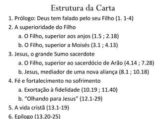 Estrutura da Carta
1. Prólogo: Deus tem falado pelo seu Filho (1. 1-4)
2. A superioridade do Filho
a. O Filho, superior aos anjos (1.5 ; 2.18)
b. O Filho, superior a Moisés (3.1 ; 4.13)
3. Jesus, o grande Sumo sacerdote
a. O Filho, superior ao sacerdócio de Arão (4.14 ; 7.28)
b. Jesus, mediador de uma nova aliança (8.1 ; 10.18)
4. Fé e fortalecimento no sofrimento
a. Exortação à fidelidade (10.19 ; 11.40)
b. “Olhando para Jesus” (12.1-29)
5. A vida cristã (13.1-19)
6. Epílogo (13.20-25)
 