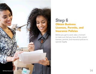 14
Step 6
Obtain Business
Licenses, Permits, and
Insurance Policies
Before you get to work, take a moment
to make sure that you have all the correct
licenses, permits, and insurance policies to
operate legally.
ADP Small Business Guidebook | How to Start a Business
 