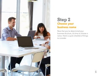 ADP Small Business Guidebook | How to Start a Business
Step 2
Choose your
business name
Now that you’ve determined your
business structure, it’s time to choose a
name. Here’s a quick checklist of things
to consider.
6
 