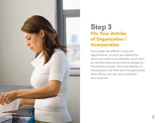 8
Step 3
File Your Articles
of Organization /
Incorporation
Every state has different rules and
requirements, so once you determine
where you want to incorporate, you’ll want
to visit that state government’s website to
follow their process. Once the Articles of
Incorporation are filed with the appropriate
state offices, you can start operating
your business.
ADP Small Business Guidebook | How to Start a Business
 