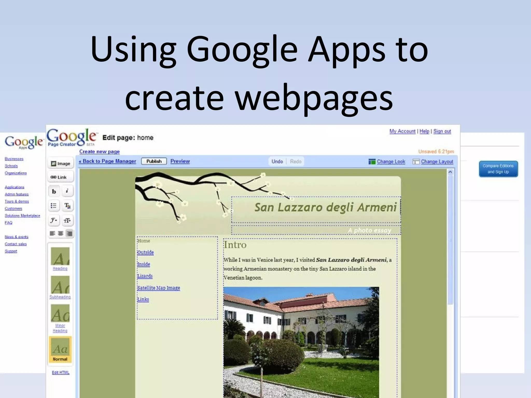 Using Google Apps to create webpages 