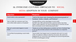 AUDACIOUSLEAP

29. OVERCOME CULTURAL OBSTACLES TO SOCIAL
MEDIA ADOPTION IN YOUR COMPANY
Objection

Response

“Social media...