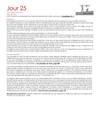 Jour 25Pour l‟utilité commune.
Texte de base
« Or, à chacun la manifestation de l`Esprit est donnée pour l`utilité commune.» 1 Corinthiens 12 : 7
Méditation
Dans le texte d‟aujourd‟hui, Paul expose l‟objectif des dons spirituels. Les dons spirituels sont pour l‟utilité commune.
Ici, l‟apôtre Paul pose un point important dans la compréhension des dons spirituels. Les dons spirituels ne servent pas l‟égo
de celui qui le possède. Le don spirituel est au service de la communauté, au service du bien tous.
Cela pose la question de la posture de celui qui affirme avoir un don spirituel. Il est au service de l‟Eglise et de son
avancement. Il ne milite pas pour un progrès personnel. Mais pour un progrès de la communauté.
Dans l‟exercice des dons spirituels, l‟individu se met au service de la communauté. Il n‟agit pas tout seul. Il est membre du
corps.
Les dons spirituels impliquent deux notions primordiales : l‟unité et l‟humilité.
Les dons spirituels consolident l‟unité de l‟Eglise. Celui qui a un don spirituel conçoit son besoin des autres. Il est conscient qu‟il
ne peut agir seul. Il sait que son œuvre ne peut être conçu en dehors du corps qu‟est l‟Eglise. Il est conscient de faire partie
d‟une communauté de vie et de mission.
L‟humilité est aussi importante dans l‟exercice des dons. Celui qui a un don reconnait que la compétence qu‟il a n‟est qu‟un
don de Dieu. Quand il réussit, il n‟attire pas l‟attention sur lui, mais sur Dieu. Il accepte de se former pour faire mieux. Il est
conscient que seule l‟action de l‟Esprit en lui le rend capable de faire ce qu‟il fait.
Toute personne qui dit avoir un don spirituel qui refuse de travailler avec la direction de l‟Eglise ou qui a tendance à se
mettre en avant dans l‟exercice de son don, se disqualifie pour le service divin.
Travailles-tu pour le bien de la communauté ? Mets-tu en avant celui qui a mis à ta disposition le don ? Apprends-tu à
travailler avec les autres ? Sais-tu rester humble reconnaissant que tu dois tout à Dieu ?
Esprit de prophétie
« Les disciples du Christ ont été rachetés en vue du service. Notre Seigneur enseigne que le véritable but de la vie, c‟est
l‟utilité commune. Jésus lui-même fut un ouvrier, et il a fait du service une loi pour tous. Chacun doit se dépenser pour Dieu
et pour ses semblables. Le Sauveur a présenté au monde une conception de la vie dépassant toutes celles que l‟on
connaissait. Une existence consacrée au prochain met l‟homme en relation avec le Christ. La loi du service est le chaînon
qui nous relie à Dieu et à nos semblables. » Les paraboles de Jésus, page 282
« Un ouvrier peut être un orateur éloquent; un autre peut se révéler un écrivain talentueux; un autre peut avoir le don de la
prière sincère, fervente et sérieuse; un autre peut avoir reçu le don du chant; un autre peut avoir un don spécial lui
permettant d‟expliquer la parole de Dieu avec clarté. Chaque don est appelé à devenir une puissance de Dieu parce
que celui-ci collabore avec l‟ouvrier. A l‟un Dieu donne une parole de sagesse, à un autre la connaissance, à un autre la
foi; mais tous doivent agir sous l‟autorité du même Chef. La diversité des dons a pour conséquence la diversité des actions,
mais c‟est “le même Dieu qui opère tout en tous”. 1 Corinthiens 12:6.
Le Seigneur désire que les serviteurs qu‟il s‟est choisis apprennent comment s‟unir en vue d‟un effort harmonieux. Certains
peuvent penser que le contraste existant entre leurs dons et ceux d‟un compagnon de service est trop important pour leur
permettre de s‟unir dans un effort harmonieux. Mais quand ils comprennent que beaucoup d‟âmes doivent être touchées
et que certaines rejetteront la vérité telle qu‟elle est présentée par un ouvrier, ils entreprendront avec beaucoup d‟espoir
d‟œuvrer ensemble dans l‟unité. Leurs talents, quoique variés, peuvent être placés sous le contrôle du même Esprit. Dans
chaque parole et dans chaque action, la bienveillance et l‟amour seront manifestés; et si chaque ouvrier assume
fidèlement la fonction qui lui a été assignée, la prière du Christ en faveur de l‟unité de ses disciples sera exaucée et le
monde saura que ceux-là sont ses disciples. » Vous recevrez une puissance, page 194
Ma prière pour aujourd’hui : Seigneur, aide-moi à comprendre ce sujet aujourd‟hui. Aide-moi à découvrir ma place dans
ton plan. Au nom de Jésus. Amen.
 
