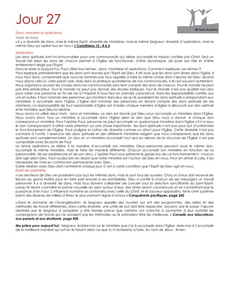 Jour 27
Dons, ministère et opérations.
Texte de base
« Il y a diversité de dons, mais le même Esprit; diversité de ministères, mais le même Seigneur; diversité d`opérations, mais le
même Dieu qui opère tout en tous.» 1 Corinthiens 12 : 4 à 6
Méditation
Les dons spirituels sont incontournables pour une communauté qui désire accomplir la mission confiée par Christ. Seul un
travail fait selon les dons de chacun permet à l‟Eglise de fonctionner, d‟être dynamique, de jouer son rôle et d‟être
entièrement dirigé par l‟Esprit.
Dans le texte d‟aujourd‟hui, Paul utilise trois termes : dons, ministères et opérations. Comment expliquer ces termes ?
Paul explique premièrement que les dons sont donnés par l‟Esprit de Dieu. Il dit aussi que les dons sont divers dans l‟Eglise. Il
nous faut donc comprendre que nous ne sommes pas tous appelés à faire la même chose dans l‟œuvre de Dieu. Quand
nous disons cela ici, cela parait clair. Mais dans la pratique quotidienne de nos communautés, il en est souvent autrement.
Nous organisons souvent les choses dans nos communautés sans tenir compte des dons de chacun. Tout le monde ne peut
pas être prédicateur. Tout le monde ne peut pas donner des études bibliques. Tout le monde n‟est pas qualifié non plus
pour visiter une personne en fin de vie à l‟hôpital. Il nous faut en prendre conscience. Dans les responsabilités confiés aux
uns et autres, il faut nommer des personnes qui montrent dans leur vie qu‟ils possèdent les dons spirituels correspondant aux
ministères à accomplir dans l‟Eglise. L‟Eglise doit nommer des personnes en tenant compte des dons spirituels de ses
membres. La responsabilité de tout responsable d‟Eglise est d‟aider chaque membre d‟église à découvrir son don spirituel
et le ministère que Dieu lui destine.
Nous avons ici utilisé deux mots : dons et ministères. Le don est donné par Dieu pour accomplir un ministère dans l‟Eglise.
Nous avons donc tous un ministère à accomplir dans l‟Eglise selon le don que Dieu nous a donné. A chaque don
correspond un ministère. Pour l‟apôtre Paul, personne ne peut accomplir un quelconque ministère dans l‟Eglise s‟il n‟a reçu
le don correspondant. Il attire notre attention sur une chose importante : les dons spirituels n‟ont pas pour but d‟uniformiser
le fonctionnement de l‟Eglise. Paul souligne la notion de diversité comme un atout pour l‟Eglise. Cette diversité n‟est pas
contraire à l‟unité. L‟exercice des dons spirituels et des différents ministères exigent que nous comprenions que les dons
spirituels sont complémentaires. Un don et un ministère accomplit tout seul en dehors de la structure de l‟Eglise n‟est pas
compatible avec les écrits de Paul.
Le terme opérations se réfère à la manière d‟accomplir son ministère. Deux personnes peuvent avoir le même don,
accomplir le même ministère, mais le faire de manière différente. Chacun accomplit son ministère en fonction de sa
personnalité, de ses expériences et de son vécu. L‟apôtre Paul nous présente le garde-fou de ce fonctionnement : chacun
doit agir selon Dieu. Paul va plus loin en disant que notre ministère est l‟action de Dieu en nous. Pour en arriver à cela, il est
nécessaire de vivre en communion permanente avec Dieu.
Cette relation avec Dieu doit s‟entretenir chaque jour. C‟est à cette condition que l‟Esprit de Dieu agit en nous.
Esprit de prophétie
« Les serviteurs de Dieu ne possèdent pas tous les mêmes dons, mais ils sont tous ses ouvriers. Chacun d‟eux doit recevoir les
leçons du grand Maître pour en faire part ensuite à ses semblables. Dieu a confié à chacun de ses messagers un travail
personnel. Il y a diversité de dons, mais tous doivent collaborer de concert sous la direction sanctifiante du Saint-Esprit.
Lorsqu‟ils feront connaître la bonne nouvelle du salut autour d‟eux, des âmes seront convaincues et se convertiront par la
puissance d‟en haut. L‟influence humaine se confondra avec celle du Christ, et le Sauveur apparaîtra, tel le chef suprême
parmi des dizaines de milliers d‟êtres, le seul vraiment digne d‟amour.» Conquérants pacifiques, page 242
« Dans le domaine de l‟évangélisation, le Seigneur appelle des ouvriers qui ont des programmes, des idées et des
méthodes de travail différentes. Dans cette diversité, une unité de but doit être respectée. Souvent, par le passé, l‟œuvre
destinée par le Seigneur à prospérer a été freinée parce que certains ont cherché à soumettre à leur autorité les
compagnons de travail qui ne suivaient pas les méthodes qu‟ils estimaient être les meilleures. » Conseils aux éducateurs,
aux parents et aux étudiants, page 430
Ma prière pour aujourd’hui : Seigneur, éclaire-moi sur le ministère que j‟ai à accomplir dans l‟Eglise. Aide-moi à l‟accomplir
de la meilleure manière qui soit en le faisant selon ce que tu m‟éclaireras à faire. Au nom de Jésus. Amen.
 