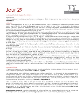 Jour 29
Les dons spirituels développent les relations.
Texte de base
« ainsi, nous qui sommes plusieurs, nous formons un seul corps en Christ, et nous sommes tous membres les uns des autres.»
Romains 12:5
Méditation
Lorsque j'analyse les propos de Paul sur les dons spirituels (Romains 12 et 1 Corinthiens 12), je me rends compte que nous
passons souvent à côté du projet de Dieu pour nous et pour son Église. Je vous invite à lire ce chapitre dans d'autres
versions. Cela nous donne une autre vision de ce que Dieu veut. Je crois que le réveil et le réforme tant attendu passent
par un retour aux textes sacrés, une réappropriation du message biblique. Il nous faut sortir de ce que nous avons entendu
et que nous nous référons véritablement à la Parole de Dieu.
L'exercice des dons spirituels est une question de relations: relations avec Dieu et avec l'autre. Le don spirituel nous vient de
Dieu. Son exercice est à son niveau optimum quand nous sommes en relation avec Dieu. Plus nous développons notre
relation avec Lui, plus notre ministère est béni et puissant, pertinent et efficace.
Le texte de base de notre méditation du jour nous dit que nous sommes membres les uns des autres. Nous sommes dans
l'obligation de travailler avec les autres. Dans la vigne du Seigneur, nous ne sommes pas les recruteurs. Nous ne choisissons
pas ceux qui sont dans l'Eglise. Ils sont comme nous appelés par Dieu. Ils ont comme nous reçu un don et accomplissent un
ministère. Ils sont nos frères. Nous sommes membres du même corps. Membres les uns des autres. Appelés à nous soutenir
les uns les autres.
Il est impossible, selon les écrits de Paul d'accomplir un ministère sans être lié aux autres, sans une claire notion de notre
dépendance mutuelle.
Les dons spirituels lorsqu‟ils sont utilisés dans l‟humilité et sous la direction de l‟Esprit de Dieu favorisent la fraternité et l‟unité
de l‟Eglise.
La question des relations est donc centrale dans le plan du salut. Nous sommes nés pour vivre ensemble et nous entraider.
Personne n‟est une île dit un auteur. C‟est le plan de Dieu. La fraternité et l‟unité sont incontournables pour le chrétien né
de nouveau. Le Saint-Esprit, en lui, l‟amène à aimer ses frères, le conduit dans la communauté des saints à prendre sa
place dans le corps de Christ et à jouer son rôle selon ses dons.
Lorsque nous sommes sous la dictée de l‟Esprit, nous n‟agissons pour une satisfaction individuelle, ce qui nous intéresse,
c‟est le bien de la communauté. Nous faisons partie d‟un corps et nous militons pour le corps, pour l‟Eglise du Christ. Nous
développons un sentiment d‟appartenance à cette communauté mondiale qu‟est l‟Eglise de Dieu sur cette terre. Une
communauté qui attend le retour de Jésus.
Nos communautés fonctionnent-elles comme cela ? Militons-nous dans l‟Eglise pour nos affaires ou avons-nous atteint le
stade où nous militons pour la cause du Christ quoi qu‟il arrive ? Cette question doit trouver une réponse dans notre course
chrétienne.
Esprit de prophétie
« L‟apôtre compare avec à-propos l‟Eglise au corps humain, pour illustrer la relation étroite et harmonieuse qui devrait
exister entre tous ses membres.» Conquérants pacifiques, page 282.
« Le monde regarde avec satisfaction la désunion des chrétiens; les impies s‟en réjouissent. Le Seigneur désire qu‟un
changement se produise parmi son peuple. L‟union avec le Christ et les uns avec les autres constituent notre seule
sauvegarde en ces derniers jours. Ne laissons pas à Satan la possibilité de dire de nos membres: “Voyez comme ces gens,
qui arborent la bannière du Christ, se haïssent! Je n‟ai rien à craindre d‟eux, puisqu‟ils passent plus le temps à lutter les uns
contre les autres qu‟à combattre contre moi.” » Conseils à l’Eglise, page 31
« Dieu nous a liés les uns aux autres en tant que membres d‟une seule famille, et chacun a le devoir de cultiver cette
relation. Il est des services dus à autrui que l‟on ne saurait feindre d‟ignorer si par ailleurs on observe les commandements
de Dieu. Vivre, penser et agir uniquement pour soi, c‟est se disqualifier comme serviteurs de Dieu. Les titres pompeux et les
grands talents ne sont pas indispensables pour devenir de bons citoyens ou des chrétiens exemplaires. » Pour un bon
équilibre mental et spirituel Vol 2, p. 633.
Ma prière pour aujourd’hui : Seigneur, aide-moi à ne jamais mépriser mes frères et sœurs. Donne-moi de toujours me
souvenir que l‟unité est ce que tu veux pour ton église. Que ton amour coule en moi. Au nom de Jésus. Amen.
 