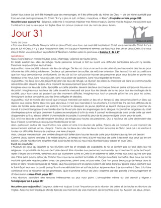 Satan tous ceux qui ont été trompés par ses mensonges, et il les attire près du trône de Dieu — de ce trône auréolé par
l‟arc-en-ciel de la promesse. En Christ “il n‟y a plus ni Juif, ni Grec, ni esclave, ni libre”.» Prophètes et rois, page 285
Ma prière pour aujourd’hui : Seigneur, aide-moi à ne jamais mépriser mes frères et sœurs. Donne-moi de toujours me souvenir que
l‟unité est ce que tu veux pour ton église. Que ton amour coule en moi. Au nom de Jésus. Amen.
Jour 31
Texte de base
« Car vous êtes tous fils de Dieu par la foi en Jésus Christ; vous tous, qui avez été baptisés en Christ, vous avez revêtu Christ. Il n‟y a
plus ni Juif ni Grec, il n‟y a plus ni esclave ni libre, il n‟y a plus ni homme ni femme; car tous vous êtes un en Jésus Christ. Et si vous
êtes à Christ, vous êtes donc la postérité d‟Abraham, héritiers selon la promesse.» Galates 3 : 26 à 29
Méditation
Nous vivons dans un monde troublé. Crise, chômage, violence de toutes sortes.
En Israël, existait des villes de refuge. Toute personne accusé à tort ou ayant une difficulté particulière pouvait s'y rendre.
Personne ne pouvait plus rien lui faire.
Aujourd'hui, notre société a besoin de lieu de refuge. De lieu où chacun se sent en sécurité et peut reprendre des forces pour
affronter les difficultés quotidiennes. Des lieux qui permettent de souffler, de relâcher la tension. Des lieux où l'on est accueilli sans
que l'on nous demande nos antécédents. Un lieu sûr où l'on sait pouvoir trouver des personnes pour nous écouter et porter nos
fardeaux avec nous. Sans nous accuser. Sans nous poser de questions. Sans nous regarder de travers.
Aujourd'hui, nos lieux de culte doivent devenir ces lieux de refuge. La réunion de prière du mercredi soir dans les communautés
adventistes doit devenir ce lieu et ce moment de ressourcement pour chacun.
Imaginez-vous nos lieux de culte, éparpillés sur cette planète, devenir des lieux où chaque âme en peine sait pouvoir trouver un
réconfort. Imaginez-vous nos lieux de culte ouverts le mercredi soir pour tous les blessés de la vie, pour tous les naufragés de la
société, pour toux ceux qui passent par des moments difficiles. Imaginez-vous tout un peuple priant les uns pour les autres,
témoignant de leur sympathie pour les âmes affligées et blessées.
Aujourd'hui, tout le monde doit savoir que chaque mercredi soir existe un lieu et un temps où des personnes prient un Dieu qui
répond aux prières. Notre Dieu n'est pas silencieux. Il n'est pas insensible à nos situations. Il connaît les fins de mois difficiles de la
mère de famille seule élevant ses enfants. Il connait le désespoir du jeune diplômé se levant chaque jour pour chercher du
travail. Il connait l'angoisse d'une famille dont le fils est pris dans les engrenages de la drogue. Il connait les angoisses du chef
d'entreprises qui ne sait pas comment il paiera ses employés à la fin du mois. Il connait le désespoir de celui ou de celle qui vient
d'apprendre qu'il ou elle est atteint d'une maladie incurable. Il connaît la peur de la personne âgée ayant peur de sortir.
Oui, et si nos lieux de culte devenaient des lieux de refuge pour toutes ces personnes. Oui, si nos lieux de culte devenaient des
lieux d'espoir ouvert à tous ceux qui sont ballotés par la vie!
Alors, parlons-en autour de nous! Invitons nos voisins et amis à la réunion de prière. Faisons de ce moment un vrai moment de
ressourcement spirituel, un lieu d'espoir. Faisons de nos lieux de culte des lieux où l'on rencontre le Christ, celui qui a la solution à
toutes nos difficultés. Faisons de ces lieux une terre d‟espoir.
Alors, chaque mercredi soir, une lumière d'espoir doit briller dans tous les lieux de culte pour éclairer ceux qui en ont besoin!
Comme Jésus, soyons sensibles à la misère d'autrui. Le temps est venu d'ouvrir nos lieux de culte à recevoir tous ceux qui en ont
besoin. Lors de nos réunions de prière mais aussi toutes les fois où nous nous réunissons pour adorer et louer Dieu.
Esprit de prophétie
« Plusieurs de ceux qui assistent à nos réunions sont las et chargés de culpabilité. Ils ne se sentent pas à l‟aise dans leur foi
religieuse. La possibilité de trouver de l‟aide devrait être donnée aux personnes tourmentées qui cherchent la paix de l‟esprit.
Après l‟étude de la Parole, exhortez ceux qui souhaitent suivre le Christ à en exprimer le désir. Invitez tous ceux qui ne sont pas
sûrs d‟être prêts pour le retour du Christ et tous ceux qui se sentent accablés et chargés à se faire connaître. Que ceux qui ont la
maturité spirituelle requise parlent avec ces personnes, prient avec et pour elles. Que l‟on passe beaucoup de temps dans la
prière et dans l‟étude sérieuse de la Parole. Que tous perçoivent les signes évidents de la foi dans leur propre cœur, sachant que
le Saint-Esprit leur sera accordé puisqu‟ils ont une véritable faim et soif de justice. Apprenez-leur à se soumettre à Dieu, à lui faire
confiance et à se réclamer de ses promesses. Que le profond amour de Dieu s‟exprime par des paroles d‟encouragement et
d‟intercession.» Jésus-Christ, page 397.
« Nos réunions devraient être rendues intéressantes au plus haut point. L‟atmosphère même du ciel devrait y régner. »
Témoignages Vol 2, page 297
Ma prière pour aujourd’hui : Seigneur, aide-moi toujours à voir l‟importance de la réunion de prière et de toutes les réunions de
l‟Eglise. Aide-moi à m‟impliquer afin de faire de ces moments de vrais moments de rencontres avec toi. Au nom de Jésus. Amen.
 