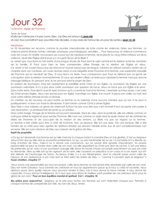 Jour 32La femme : égale de l‟homme.
Texte de base
«Celui qui n'aime pas n'a pas connu Dieu, car Dieu est amour.» 1 Jean 4:8
«A ceci tous connaîtront que vous êtes mes disciples, si vous avez de l'amour les uns pour les autres.» Jean 13: 35
Méditation
Le 25 Novembre est reconnu comme la journée internationale de lutte contre les violences faites aux femmes. La
violence prend diverses formes: verbales, physiques, psychologiques, sexuelles, ... Pour beaucoup, la violence commence
avec les coups. En réalité, tout propos qui a pour but de rabaisser la femme, de la placer au rang d'être inférieur est de la
violence. Quel rôle l'Église doit-il jouer sur ce sujet? Qu'en dit la Bible ?
Le verset que nous lisons ici fait partie d'une longue étude de Paul dont le sujet central est la relation entre les membres
de la famille. Et Paul, pour bien se faire comprendre, utilise l'image de la relation de l'Eglise et Jésus.
Ce verset à fait couler beaucoup de d'encre et tourner beaucoup de langue. Certains en retirant certains versets de ce
chapitre dans son contexte, ont voulu donner raison à une inégalité entre l'homme et la femme, une supériorité naturelle
de l'homme qui lui viendrait de Dieu. Si nous lisons ce texte, nous comprenons que Paul ne défend pas ce genre de
conception dans la relation homme/femme. Et ceux qui veulent utiliser ce texte pour rabaisser la femme n'est pas dans le
message biblique. En pensant ainsi, ils ne sont pas dans le projet de Dieu.
En parlant de Soumission, Paul fait rapidement le parallèle entre Christ et son Église. La soumission de l'Eglise est une
soumission volontaire. Il n'y a pas dans cette soumission une question de force. Jésus ne force pas son Église à le servir.
Dans notre texte, Paul décrit aussi le type d'amour qu'il y a entre le mari et la femme. L'exemple qu'il leur prose, c'est celui
de Christ envers l'Eglise. Jésus s'est donné pour son Église. Il protège son Église. Il la nourrit. Il prend soin d'elle. Le mari doit
avoir cette même attitude envers sa femme.
Un chrétien ne de nouveau ne peut battre sa femme ou la violenter d'une aucune manière que ce soit. Il ne peut ni
publiquement, ni dans son foyer la dévaloriser. Il doit l'aimer comme Christ à aimer l'Eglise.
Que faire si vous subissez ce genre de violence? Surtout ne pas vous dire que c'est normal! Il faut accepter d'en parler à
une association, un professionnel de santé ou un pasteur.
Dans notre image, l'image de la femme est souvent rabaissée. Dans les clips, dans la publicité, elle est utilisée comme un
outil pour attirer le regard et pour exciter l'homme. Elle n'est vue comme un objet dont la seule mission est de satisfaire les
désirs de l'homme et de s'occuper de la maison et des enfants. La Bible n'a pas ce regard sur la femme.
La femme a été créée pour être à côté de l'homme. Non au-dessous. Elle est une aide. Pas une esclave. Elle a été
formée de sa côté pour bien signifier les relations étroites qui doivent s'établir entre eux. Ils sont complémentaires non
ennemis. Elle est aussi créature de Dieu qui a besoin de la grâce de Dieu.
Esprit de prophétie
« Ce qui est demandé à la femme est qu‟elle cherche à chaque instant à craindre Dieu et à le glorifier. C‟est au Seigneur
Jésus-Christ seul qu‟elle doit se soumettre entièrement, lui qui, au prix inestimable de sa vie, l‟a rachetée et l‟a élevée au
rang d‟enfant de Dieu. Celui-ci lui a donné une conscience, qui ne saurait être ignorée impunément. Sa propre
personnalité ne peut se fondre dans celle de son mari, car elle appartient au Christ par droit de rachat. C‟est une erreur
de prétendre qu‟en vertu d‟une soumission aveugle elle doive en toutes choses accomplir exactement ce que son mari
lui demande, alors qu‟elle sait qu‟en agissant de la sorte, elle causerait un préjudice à son corps et à son esprit, qui ont
été délivrés de l‟esclavage de Satan. Au-dessus d‟elle, il y a son Rédempteur, dont la volonté passe avant celle de
l‟époux; et son obéissance à son mari doit se faire selon les ordres de Dieu — “comme il convient dans le Seigneur”.»
Foyer chrétien, chapitre 17
"Nous avons une personnalité qui nous est propre; celle de la femme ne doit jamais être absorbée par celle de son mari.
Dieu est notre Créateur; nous sommes ses créatures et nous lui appartenons parce qu‟il nous a créés et rachetés. Nous
désirons savoir dans quelle mesure nous pouvons rendre à Dieu, car il nous donne la force morale, il nous donne les
capacités, il nous donne l‟intelligence, et il veut que nous tirions le meilleur parti possible de ces précieux dons pour la
gloire de son nom." Pour un bon équilibre mental et spirituel, Vol 1, chapitre 18
Ma prière pour aujourd’hui : Seigneur, je te prie pour toutes ces femmes qui sont violentées chaque jour. Permets à
chaque homme de comprendre son rôle. Au nom de Jésus. Amen.
 