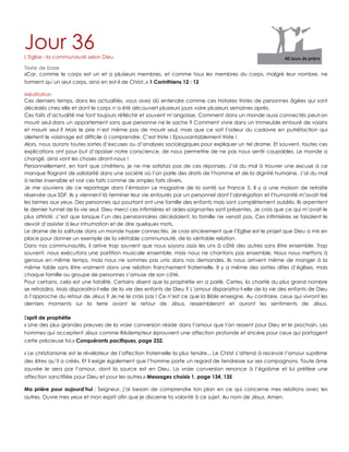 Jour 36L‟Eglise : la communauté selon Dieu
Texte de base
«Car, comme le corps est un et a plusieurs membres, et comme tous les membres du corps, malgré leur nombre, ne
forment qu`un seul corps, ainsi en est-il de Christ..» 1 Corinthiens 12 : 12
Méditation
Ces derniers temps, dans les actualités, vous avez dû entendre comme ces histoires tristes de personnes âgées qui sont
décédés chez elle et dont le corps n‟a été découvert plusieurs jours voire plusieurs semaines après.
Ces faits d‟actualité me font toujours réfléchir et souvent m‟angoisse. Comment dans un monde aussi connectés peut-on
mourir seul dans un appartement sans que personne ne le sache ? Comment vivre dans un immeuble entouré de voisins
et mourir seul ? Mais le pire n‟est même pas de mourir seul, mais que ce soit l‟odeur du cadavre en putréfaction qui
alertent le voisinage est difficile à comprendre. C‟est triste ! Epouvantablement triste !
Alors, nous aurons toutes sortes d‟excuses ou d‟analyses sociologiques pour expliquer un tel drame. Et souvent, toutes ces
explications ont pour but d‟apaiser notre conscience, de nous permettre de ne pas nous sentir coupables. Le monde a
changé, ainsi vont les choses diront-nous !
Personnellement, en tant que chrétiens, je ne me satisfais pas de ces réponses. J‟ai du mal à trouver une excuse à ce
manque flagrant de solidarité dans une société où l‟on parle des droits de l‟homme et de la dignité humaine. J‟ai du mal
à rester insensible et voir ces faits comme de simples faits divers.
Je me souviens de ce reportage dans l‟émission Le magazine de la santé sur France 5. Il y a une maison de retraite
réservée aux SDF. Ils y viennent là terminer leur vie entourés par un personnel dont l‟abnégation et l‟humanité m‟avait tiré
les larmes aux yeux. Des personnes qui pourtant ont une famille des enfants mais sont complètement oubliés. Ils arpentent
le dernier tunnel de la vie seul. Dieu merci ces infirmières et aides-soignantes sont présentes. Je crois que ce qui m‟avait le
plus attristé, c‟est que lorsque l‟un des pensionnaires décédaient, la famille ne venait pas. Ces infirmières se faisaient le
devoir d‟assister à leur inhumation et de dire quelques mots.
Le drame de la solitude dans un monde hyper connectés. Je crois sincèrement que l‟Eglise est le projet que Dieu a mis en
place pour donner un exemple de la véritable communauté, de la véritable relation.
Dans nos communautés, il arrive trop souvent que nous soyons assis les uns à côté des autres sans être ensemble. Trop
souvent, nous exécutons une partition musicale ensemble, mais nous ne chantons pas ensemble. Nous nous mettons à
genoux en même temps, mais nous ne sommes pas unis dans nos demandes. Ils nous arrivent même de manger à la
même table sans être vraiment dans une relation franchement fraternelle. Il y a même des sorties dites d‟églises, mais
chaque famille ou groupe de personnes s‟amuse de son côté.
Pour certains, cela est une fatalité. Certains disent que la prophétie en a parlé. Certes, la charité du plus grand nombre
se refroidira. Mais disparaitra-t-elle de la vie des enfants de Dieu ? L‟amour disparaitra-t-elle de la vie des enfants de Dieu
à l‟approche du retour de Jésus ? Je ne le crois pas ! Ce n‟est ce que la Bible enseigne. Au contraire, ceux qui vivront les
derniers moments sur la terre avant le retour de Jésus, ressembleront et auront les sentiments de Jésus.
Esprit de prophétie
« Une des plus grandes preuves de la vraie conversion réside dans l‟amour que l‟on ressent pour Dieu et le prochain. Les
hommes qui acceptent Jésus comme Rédempteur éprouvent une affection profonde et sincère pour ceux qui partagent
cette précieuse foi.» Conquérants pacifiques, page 232.
« Le christianisme est le révélateur de l‟affection fraternelle la plus tendre... Le Christ s‟attend à recevoir l‟amour suprême
des êtres qu‟il a créés. Et il exige également que l‟homme porte un regard de tendresse sur ses compagnons. Toute âme
sauvée le sera par l‟amour, dont la source est en Dieu. La vraie conversion renonce à l‟égoïsme et lui préfère une
affection sanctifiée pour Dieu et pour les autres.» Messages choisis 1, page 134, 135
Ma prière pour aujourd’hui : Seigneur, j‟ai besoin de comprendre ton plan en ce qui concerne mes relations avec les
autres. Ouvre mes yeux et mon esprit afin que je discerne ta volonté à ce sujet. Au nom de Jésus. Amen.
 