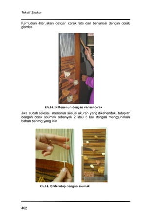 Tekstil Struktur
462
Kemudian diteruskan dengan corak rata dan bervariasi dengan corak
giordes
Jika sudah selesai menenun sesuai ukuran yang dikehendaki, tutuplah
dengan corak soumak sebanyak 2 atau 3 kali dengan menggunakan
bahan benang yang lain
Gb.14. 15 Menutup dengan soumak
Gb.14. 14 Menenun dengan variasi corak
 