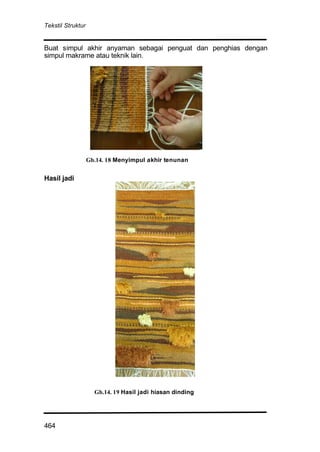 Tekstil Struktur
464
Buat simpul akhir anyaman sebagai penguat dan penghias dengan
simpul makrame atau teknik lain.
Hasil jadi
Gb.14. 18 Menyimpul akhir tenunan
Gb.14. 19 Hasil jadi hiasan dinding
 