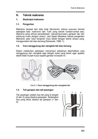 Teknik Makrame
465
H. Teknik makrame
1. Deskripsi makrame
1.1. Pengertian
Makrame berasal dari kata Arab Mucharam artinya susunan kisi-kisi
edangkan kata makrame dari Turki yang berarti rumbai-rumbai atau
Migrama yang artinya penyelesaian (penyempurnaan) garapan lap dan
selubung muka dengan simpul. Jadi dapat dikatakan bahwa pengertian
Makrame yaitu hasil kerajinan kriya tekstil dengan teknik simpul yang
menggunakan tali atau benang (Saraswati, 1986: 1).
1.2. Cara menggulung dan mengikat tali atau benang
Dalam melakukan pekerjaan menyimpul sebaiknya diperhatikan cara
menggulung dan mengikat agel dengan karet yang benar agar apabila
ditarik tidak mudah kusut seperti gambar di bawah ini :
Gb.15. 1 Cara menggulung dan mengikat tali
1.3. Tali garapan dan tali pasangan
Tali pasangan adalah dua tali yang di tengah
(2 dan 3) yang disebut pasangan. Sedangkan
dua yang diluar disebut tali garapan (1 dan
4).
 