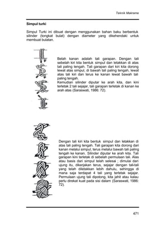 Teknik Makrame
471
Simpul turki
Simpul Turki ini dibuat dengan menggunakan bahan baku berbentuk
silinder (tongkat bulat) dengan diameter yang dikehendaki untuk
membuat bulatan.
Belah kanan adalah tali garapan. Dengan tali
sebelah kiri kita bentuk simpul dan letakkan di atas
tali paling tengah. Tali garapan dari kiri kita dorong
lewat atas simpul, di bawah tali paling tengah, lewat
atas tali kiri dan terus ke kanan lewat bawah tali
paling tengah.
Kemudian silinder diputar ke arah kita, dan kini
terletak 2 tali sejajar, tali garapan terletak di kanan ke
arah atas (Saraswati, 1986: 72).
Dengan tali kiri kita bentuk simpul dan letakkan di
atas tali paling tengah. Tali garapan kita dorong dari
kanan melalui simpul, terus melalui bawah tali paling
tengah ke kanan. Silinder diputar ke arah kita. Tali
garapan kini terletak di sebelah permulaan tali. Alas
atau basis dari simpul telah selesai ; dimulai dari
ujung itu, dikerjakan terus, sejajar dengan tali-tali
yang telah diletakkan lebih dahulu, sehingga di
mana saja terdapat 4 tali yang terletak sejajar.
Permulaan ujung tali dipotong, kita jahit atau kalau
perlu direkat kuat pada sisi dalam (Saraswati, 1986:
72).
 