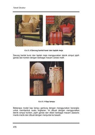 Tekstil Struktur
476
Sarung bantal kursi dan taplak meja menggunakan teknik simpul pipih
ganda dan kordon dengan berbagai macam variasi motif.
Beberapa model kap lampu gantung dengan menggunakan kerangka
untuk membentuk suatu lingkaran. Ini dibuat dengan menggunakan
teknik simpul kordon, pipih ganda dan diberi berbagai macam asesoris
manik-manik dan dibuat dengan menjuntai ke bawah.
Gb.15. 8 Sarung bantal kursi dan taplak meja
Gb.15. 9 Kap lampu
 