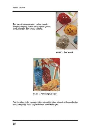 Tekstil Struktur
478
Tas santai menggunakan variasi manik.
Simpul yang digunakan simpul pipih ganda,
simpul kordon dan simpul kepang.
Pembungkus botol menggunakan simpul jangkar, simpul pipih ganda dan
simpul kepang. Pada bagian bawah diberi kerangka.
Gb.15. 12 Tas santai
Gb.15. 13 Pembungkus botol
 