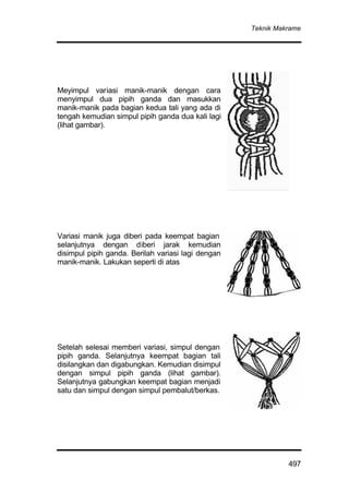 Teknik Makrame
497
Meyimpul variasi manik-manik dengan cara
menyimpul dua pipih ganda dan masukkan
manik-manik pada bagian kedua tali yang ada di
tengah kemudian simpul pipih ganda dua kali lagi
(lihat gambar).
Variasi manik juga diberi pada keempat bagian
selanjutnya dengan diberi jarak kemudian
disimpul pipih ganda. Berilah variasi lagi dengan
manik-manik. Lakukan seperti di atas
Setelah selesai memberi variasi, simpul dengan
pipih ganda. Selanjutnya keempat bagian tali
disilangkan dan digabungkan. Kemudian disimpul
dengan simpul pipih ganda (lihat gambar).
Selanjutnya gabungkan keempat bagian menjadi
satu dan simpul dengan simpul pembalut/berkas.
 