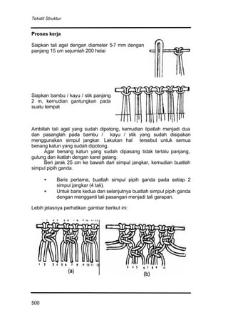 Tekstil Struktur
500
Proses kerja
Siapkan tali agel dengan diameter 5-7 mm dengan
panjang 15 cm sejumlah 200 helai
Siapkan bambu / kayu / stik panjang
2 m, kemudian gantungkan pada
suatu tempat
Ambillah tali agel yang sudah dipotong, kemudian lipatlah menjadi dua
dan pasanglah pada bambu / kayu / stik yang sudah disipakan
menggunakan simpul jangkar. Lakukan hal tersebut untuk semua
benang katun yang sudah dipotong.
Agar benang katun yang sudah dipasang tidak terlalu panjang,
gulung dan ikatlah dengan karet gelang.
Beri jarak 25 cm ke bawah dari simpul jangkar, kemudian buatlah
simpul pipih ganda.
• Baris pertama, buatlah simpul pipih ganda pada setiap 2
simpul jangkar (4 tali).
• Untuk baris kedua dan selanjutnya buatlah simpul pipih ganda
dengan mengganti tali pasangan menjadi tali garapan.
Lebih jelasnya perhatikan gambar berikut ini:
 