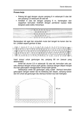 Teknik Makrame
503
Proses kerja
• Potong tali agel dengan ukuran panjang 6 m sebanyak 8 utas tali
dan panjang 2,5 sebanyak 28 utas tali
• Ambillah 8 utas tali dengan panjang 6 m, bentangkan dan
sejajarkan kemudian tindihlah dengan pemberat supaya tidak
bergeser pada waktu menyimpul.
Bentangkan tali agel dan simpullah mulai dari tengah ke kanan dan ke
kiri. Lihatlah seperti gambar di atas
Hasil simpul untuk gantungan tas, panjang 80 cm (sesuai yang
dikehendaki)
Ambil tali ukuran 2,5 m sebanyak 16 utas tali, kemudian satu per
satu disimpul dengan simpul pipih ganda. Caranya dengan dilipat menjadi
dua dan gabungkan menggunakan simpul pipih ganda.
Selanjutnya ambil tali gantungan yang sudah disimpul kemudian
gabungkan dengan badan tas ke belakang dan depan, samping kanan
dan kiri untuk tali gantungan lalu disimpul kordon dua kali melingkar.
40 cm
 