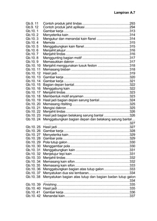 Lampiran A.7
Gb.9. 11 Contoh produk jahit tindas....................................................293
Gb.9. 12 Contoh produk jahit aplikasi.................................................294
Gb.10. 1 Gambar kerja ........................................................................313
Gb.10. 2 Menyeterika kain...................................................................314
Gb.10. 3 Mengukur dan menandai kain flanel ....................................314
Gb.10. 4 Memola .................................................................................315
Gb.10. 5 Menggabungkan kain flanel..................................................315
Gb.10. 6 Menjahit jelujur......................................................................316
Gb.10. 7 Menjahit tindas......................................................................316
Gb.10. 8 Menggunting bagian motif ....................................................317
Gb.10. 9 Memasukkan dakron ............................................................317
Gb.10. 10 Menjahit menggunakan tusuk feston ...................................318
Gb.10. 11 Memasang bisban ................................................................318
Gb.10. 12 Hasil jadi ...............................................................................319
Gb.10. 13 Gambar kerja ........................................................................320
Gb.10. 14 Gambar kerja ........................................................................321
Gb.10. 15 Bagian depan bantal.............................................................322
Gb.10. 16 Menggabung kain .................................................................322
Gb.10. 17 Menjahit tindas......................................................................323
Gb.10. 18 Membentuk motif anyaman ..................................................323
Gb.10. 19 Hasil jadi bagian depan sarung bantal.................................324
Gb.10. 20 Memasang ritsliting...............................................................325
Gb.10. 21 Mengisi dakron .....................................................................325
Gb.10. 22 Menjahit tindas......................................................................326
Gb.10. 23 Hasil jadi bagian belakang sarung bantal ............................326
Gb.10. 24 Menggabungkan bagian depan dan belakang sarung bantal ...
..............................................................................................327
Gb.10. 25 Hasil jadi ...............................................................................327
Gb.10. 26 Gambar kerja ........................................................................328
Gb.10. 27 Menyeterika kain...................................................................329
Gb.10. 28 Gambar pola .........................................................................329
Gb.10. 29 Pola tutup galon....................................................................330
Gb.10. 30 Menggambar pola.................................................................330
Gb.10. 31 Menggabungkan kain ...........................................................331
Gb.10. 32 Menjelujur tepi kain...............................................................331
Gb.10. 33 Menjahit tindas......................................................................332
Gb.10. 34 Memasang kain sifon............................................................332
Gb.10. 35 Memasang kain sifon............................................................333
Gb.10. 36 Menggabungkan bagian atas tutup galon............................333
Gb.10. 37 Menyatukan dua sisi lembaran.............................................334
Gb.10. 38 Menyatukan bagian atas tutup dan bagian badan tutup galon
..............................................................................................334
Gb.10. 39 Finishing................................................................................335
Gb.10. 40 Hasil jadi ...............................................................................335
Gb.10. 41 Gambar kerja ........................................................................336
Gb.10. 42 Menandai kain.......................................................................337
 