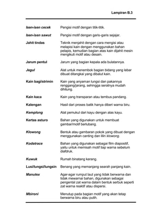 Lampiran B.3
Isen-isen cecek Pengisi motif dengan titik-titik.
Isen-isen sawut Pengisi motif dengan garis-garis sejajar.
Jahit tindas Teknik menjahit dengan cara mengisi atau
melapisi kain dengan menggunakan bahan
pelapis, kemudian bagian atas kain dijahit mesin
mengikuti motif atau desain.
Jarum pentul Jarum yang bagian kepala ada bulatannya.
Jegul Alat untuk menembok bagian bidang yang lebar
dibuat ditangkai yang dibalut kain.
Kain bagi/strimin Kain yang anyaman lungsi dan pakannya
renggang/jarang, sehingga seratnya mudah
dihitung.
Kain kaca Kain yang transparan atau tembus pandang.
Kalengan Hasil dari proses batik hanya diberi warna biru.
Kemplong Alat pemukul dari kayu dengan alas kayu.
Kertas asturo Bahan yang digunakan untuk membuat
gambar/motif berlubang.
Klowong Bentuk atau gambaran pokok yang dibuat dengan
menggunakan canting dan lilin klowong.
Kodatrace Bahan yang digunakan sebagai film diapositif,
yaitu untuk memisah motif tiap warna sebelum
diafdruk.
Kuwuk Rumah binatang kerang.
Lusi/lungsi/lungsin Benang yang memanjang searah panjang kain.
Manutex Agar-agar rumput laut yang tidak berwarna dan
tidak mewarnai bahan, digunakan sebagai
pengental zat warna dalam bentuk serbuk seperti
zat warna reaktif atau dispersi.
Mbironi Menutup pada bagian motif yang akan tetap
berwarna biru atau putih.
 