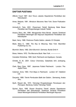 Lampiran C.1
DAFTAR PUSTAKA
Affendi, Yusuf. 1987. Seni Tenun. Jakarta: Departemen Pendidikan dan
Kebudayaan.
Ames, Marjorie. 1981. Miniature Macrame. New York. Dover Publication
Inc.
Amirudin,S. Teks. 2001. Pewarnaan Tekstil. Bandung: Balai Besar
Penelitian dan Pengembangan Industri Tekstil.
Arsana, Banu, dkk. 1998. Menggambar Alam Benda. Jakarta: Direktorat
Pendidikan Menengah dan Kejuruan Departemen Pendidikan dan
Kebudayaan
Basir, Herry. 1986. Pedoman Praktis Sablon. Jakarta: CV Simplek.
Black, Mary E.. 1980. The Key to Weaving. New York: Macmillan
Publishing Co, Inc.
Blumrich, Maria. 1982. Stich Blumrich. Germany: Burda Gmb H
Bress, Helena. 1972. The Macrame Book. New York. -----------------
Canadian Workshop. 1980. Quilt, Patchwork and Appliques. Canada.
Christie, R. M.. 2001. Colour Chemistry. Galashiels UK,I Jonkoping,
RS.C.
Clark, Mary Clare. 1997. Japanese Folded Patchwork. London: The
Apple Press.
Coleman, Anne. 1993. First Steps in Patchwork. London: B.T. Batsford
Ltd.
Daryanto. 1989. Teknik Pembuatan Batik dan Sablon , Semarang, Aneka
Ilmu.
Djufri, Rasyid dkk. 1973. Teknologi Pengelantangan Pencelupan dan
Pencapan. Bandung: Institut Teknologi Tekstil.
Djuhari, Djoni. 1995. Desain Kerajinan Tekstil. Jakarta: Departemen
Pendidikan dan Kebudayaan, Direktorat Jenderal Pendidikan
Dasar Menengah-Direktorat Pendidikan Menengah Kejuruan.
 