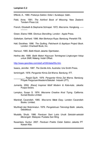 Lampiran C.2
Effendi, A.. 1980. Prakarya Sablon. Edisi I. Surabaya: Gatin.
Field, Anne. 1991. The Ashford Book of Weaving. New Zealand:
Tandem Press Ltd.
French, Elizabeth & Stephanie Schrapel. 1972. Macrame. Hongkong. -----
---------
Green, Elaine.1998. Glorious Stencilling. London : Apple Press.
Gollwitzer, Gerhard. 1996. Mari Berkarya Rupa. Bandung: Penerbit ITB.
Hall, Dorothea. 1996. The Quilting, Patchwork & Applique Project Book.
London: Chartwell Book, Inc.
Hamzuri, 1985. Batik Klasik Jakarta: Djambatan.
Herlina dkk. 1999. Batik Materi Kejuruan Terintegrasi Lingkungan hidup
untuk SMK. Malang: Indah Offset.
http://www.geocities.com/sta5 ar530/data/05s.htm
Isaacs, Jennifer. 1987. The Gentle Arts. Australia: Ure Smith Press.
Isminingsih. 1978. Pengantar Kimia Zat Warna. Bandung: ITT.
_________, Rasjid Djufri. 1979. Pengantar Kimia Zat Warna. Bandung:
Proyek Perguruan/Akademi/Sekolah Industri (ITT).
Jumanta. 2004. [Kaos] Inspirasi Motif Modern & Kata-kata. Jakarta:
Puspa Swara.
Lampton, Susan S. 1974. Macrame Creative Knot Trying. California.
Sunset Books Limited.
Marshall, Cavendish. 1985. Macrame Made Easy. London: Cavendish
Books Limited.
Murtihadi dan Mukminatun. 1979. Pengetahuan Teknologi Batik. Jakarta,
Debdikbud.
Mustafa, Shuib. 1986. Panduan Seni Lukis Unutk Sekolah-sekolah
Menengah. Malaysia: Pustaka San Ming
Nusantara, Guntur. 2007. Panduan Praktis Cetak Sablon. Jakarta: PT
Kawan Kita.
 