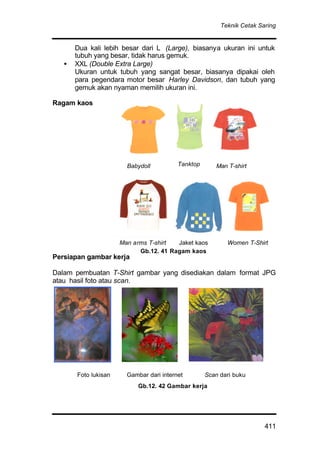 Teknik Cetak Saring
411
Dua kali lebih besar dari L (Large), biasanya ukuran ini untuk
tubuh yang besar, tidak harus gemuk.
• XXL (Double Extra Large)
Ukuran untuk tubuh yang sangat besar, biasanya dipakai oleh
para pegendara motor besar Harley Davidson, dan tubuh yang
gemuk akan nyaman memilih ukuran ini.
Ragam kaos
Babydoll Man T-shirt
Man arms T-shirt Jaket kaos Women T-Shirt
Persiapan gambar kerja
Dalam pembuatan T-Shirt gambar yang disediakan dalam format JPG
atau hasil foto atau scan.
Foto lukisan Gambar dari internet Scan dari buku
Tanktop
Gb.12. 41 Ragam kaos
Gb.12. 42 Gambar kerja
 