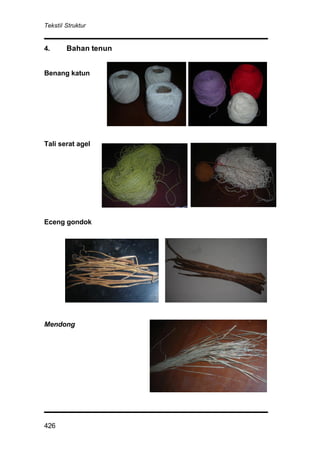 Tekstil Struktur
426
4. Bahan tenun
Benang katun
Tali serat agel
Eceng gondok
Mendong
 