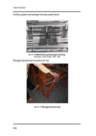 Tekstil Struktur
434
Periksa apakah pemasangan benang sudah benar
Menggulung benang lusi pada bum lusi
Gb.13. 17 Menggulung benang
Gb.13. 16 Memeriksa pemasangan benang
(Sumber: Anne Field, 1991: 56)
 