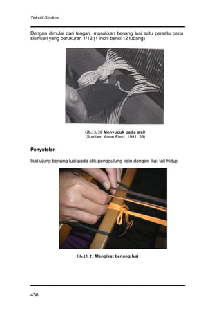 Tekstil Struktur
436
Dengan dimulai dari tengah, masukkan benang lusi satu persatu pada
sisir/suri yang berukuran 1/12 (1 inchi berisi 12 lubang)
Penyetelan
Ikat ujung benang lusi pada stik penggulung kain dengan ikat tali hidup
Gb.13. 21 Mengikat benang lusi
Gb.13. 20 Menyucuk pada sisir
(Sumber: Anne Field, 1991: 59)
 