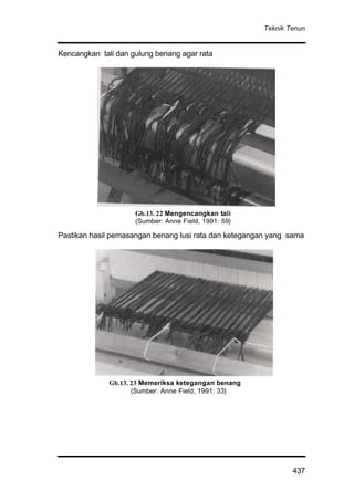 Teknik Tenun
437
Kencangkan tali dan gulung benang agar rata
Pastikan hasil pemasangan benang lusi rata dan ketegangan yang sama
Gb.13. 23 Memeriksa ketegangan benang
(Sumber: Anne Field, 1991: 33)
Gb.13. 22 Mengencangkan tali
(Sumber: Anne Field, 1991: 59)
 