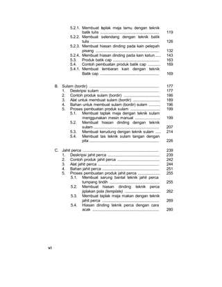 vi
5.2.1. Membuat taplak meja tamu dengan teknik
batik tulis ........................................................ 119
5.2.2. Membuat selendang dengan teknik batik
tulis ................................................................. 126
5.2.3. Membuat hiasan dinding pada kain pelepah
pisang ............................................................ 132
5.2.4. Membuat hiasan dinding pada kain katun ..... 143
5.3. Produk batik cap ............................................ 163
5.4. Contoh pembuatan produk batik cap ............ 169
5.4.1. Membuat lembaran kain dengan teknik
Batik cap ........................................................ 169
B. Sulam (bordir) .................................................................. 177
1. Deskripsi sulam ........................................................ 177
2. Contoh produk sulam (bordir) .................................. 186
3. Alat untuk membuat sulam (bordir) .......................... 189
4. Bahan untuk membuat sulam (bordir) sulam ........... 196
5. Proses pembuatan produk sulam ............................ 199
5.1. Membuat taplak meja dengan teknik sulam
menggunakan mesin manual ........................ 199
5.2. Membuat hiasan dinding dengan teknik
sulam .............................................................. 207
5.3. Membuat kerudung dengan teknik sulam ..... 214
5.4. Membuat tas teknik sulam tangan dengan
pita .................................................................. 226
C. Jahit perca ........................................................................ 239
1. Deskripsi jahit perca ................................................. 239
2. Contoh produk jahit perca ........................................ 242
3. Alat jahit perca .......................................................... 244
4. Bahan jahit perca ...................................................... 251
5. Proses pembuatan produk jahit perca ..................... 255
5.1. Membuat sarung bantal teknik jahit perca
tumpang tindih ............................................... 255
5.2. Membuat hiasan dinding teknik perca
jiplakan pola (template) ................................. 262
5.3. Membuat taplak meja makan dengan teknik
jahit perca ...................................................... 269
5.4. Hiasan dinding teknik perca dengan cara
acak ............................................................... 280
 