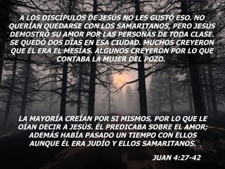 A LOS DISCÍPULOS DE JESÚS NO LES GUSTÓ ESO. NO QUERÍAN QUEDARSE CON LOS SAMARITANOS, PERO JESÚS DEMOSTRÓ SU AMOR POR LAS PERSONAS DE TODA CLASE. SE QUEDÓ DOS DÍAS EN ESA CIUDAD. MUCHOS CREYERON QUE ÉL ERA EL MESÍAS. ALGUNOS CREYERON POR LO QUE CONTABA LA MUJER DEL POZO.  LA MAYORÍA CREÍAN POR SI MISMOS, POR LO QUE LE OÍAN DECIR A JESÚS. ÉL PREDICABA SOBRE EL AMOR; ADEMÁS HABÍA PASADO UN TIEMPO CON ELLOS AUNQUE ÉL ERA JUDÍO Y ELLOS SAMARITANOS. JUAN 4:27-42 