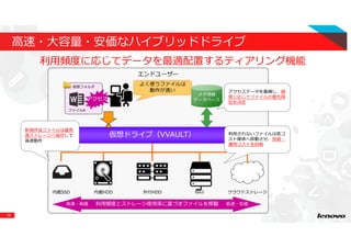 16
⾼速・⼤容量・安価なハイブリッドドライブ
利⽤頻度に応じてデータを最適配置するティアリング機能
エンドユーザー
仮想ドライブ（VVAULT）
仮想フォルダ
ファイルA
アクセス
よく使うファイルは
動作が速い
外付HDD内蔵SSD 内蔵HDD クラウドストレージNAS
メタ情報
データベース
利⽤されないファイルは低コ
スト媒体へ移動させ、投資・
運用コストを抑制
アクセスデータを蓄積し、頻
度に応じてファイルの優先順
位を決定
利⽤頻度とストレージ使⽤率に基づきファイルを移動高速・高価 低速・安価
新規作成ファイルは最高
速ストレージへ保存して
高速動作
 