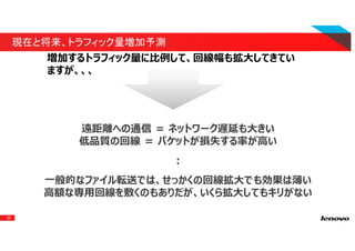 25
現在と将来、トラフィック量増加予測
増加するトラフィック量に⽐例して、回線幅も拡⼤してきてい
ますが、、、
遠距離への通信 ＝ ネットワーク遅延も大きい
低品質の回線 ＝ パケットが損失する率が⾼い
：
一般的なファイル転送では、せっかくの回線拡大でも効果は薄い
高額な専用回線を敷くのもありだが、いくら拡大してもキリがない
 