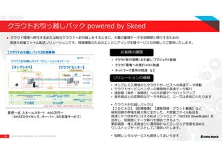 35
イメージ図
2015 LENOVO INTERNAL. ALL RIGHTS RESERVED.
クラウドお引っ越しパック powered by Skeed
クラウド環境へ移⾏するまたは他社クラウドへお引越しをするときに、⼤量の蓄積データを短期間に移⾏するための
⾼速⼤容量ファイル転送ソリューションです。環境構築のためのエンジニアリング⽀援サービスも同梱してご提供いたします。
お客様の課題
ソリューションの価値
• クラウド移行期間（お引越し）プロジェクト短縮
• クラウド環境への移行コスト削減
• ネットワーク費用の軽減 など
• オンプレミス環境からクラウドサービスへの高速データ移動
• クラウドサービスベンダーの乗換時の⾼速データ移⾏
• 遠距離（海外・遠隔地）への⼤容量データバックアップ
• 海外拠点との定期的なデータ共有など、ニーズは多岐にわたります
• クラウドお引越しパックは
【３ＤＣＡＤ】【医療画像】【建築現場・プラント動画】など
保有回線の帯域を最⼤限に⽣かした、⼤容量ファイル転送を
⾼速にかつ効率的に⾏える転送ソフトウェア『SKEED SilverBullet』を
活⽤し、短期間にデータ移⾏を開始できるよう、
事前調査・導入支援並びに運用設計などエンジニア支援を含めた
ワンストップサービスとしてご提供いたします。
• 短期レンタルサービスも提供してまいります
費用一式：スモールスタート ４００万円～
（ＳＫＥＥＤライセンス、サーバー、ＳＥ支援サービス）
【【【【クラウドお引越しパッククラウドお引越しパッククラウドお引越しパッククラウドお引越しパック】】】】活用事例活用事例活用事例活用事例
【【【【オンプレミスオンプレミスオンプレミスオンプレミス】】】】 【【【【クラウドセンタークラウドセンタークラウドセンタークラウドセンター】】】】
 