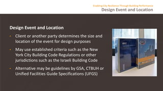 Design Event and Location
Enabling City Resilience Through Building Performance
Design Event and Location
• Client or another party determines the size and
location of the event for design purposes
• May use established criteria such as the New
York City Building Code Regulations or other
jurisdictions such as the Israeli Building Code
• Alternative may be guidelines by GSA, CTBUH or
Unified Facilities Guide Specifications (UFGS)
 