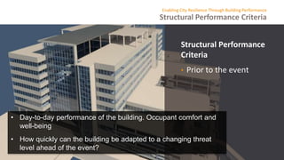 Structural Performance Criteria
Enabling City Resilience Through Building Performance
Structural Performance
Criteria
• Prior to the event
• Day-to-day performance of the building. Occupant comfort and
well-being
• How quickly can the building be adapted to a changing threat
level ahead of the event?
 