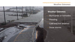 Weather Extremes
Enabling City Resilience Through Building Performance
Weather Extremes
• Hurricanes or tornados
• Flooding
• Cold and hot weather
• Snow storms
 