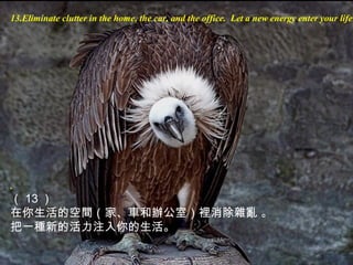 13.Eliminate clutter in the home, the car, and the office. Let a new energy enter your life
.
（ 13 ）
在你生活的空間（家、車和辦公室）裡消除雜亂 。
把一種新的活力注入你的生活。
 