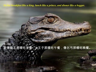 16.Eat breakfast like a king, lunch like a prince, and dinner like a beggar.
（ 16 ）
要像國王那樣吃早餐，像王子那樣吃午餐，像乞丐那樣吃晚餐。
 