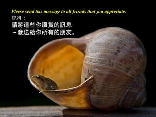 Please send this message to all friends that you appreciate.
記得：
請將這些你讚賞的訊息
～發送給你所有的朋友。
 