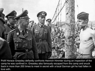 PoW Horace Greasley defiantly confronts Heinrich Himmler during an inspection of the
camp he was confined in. Greasley also famously escaped from the camp and snuck
back in more than 200 times to meet in secret with a local German girl he had fallen in
love with.
 