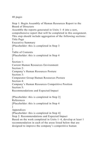 40 pages
Step 1: Begin Assembly of Human Resources Report to the
Board of Directors
Assemble the reports generated in Units 1–4 into a new,
comprehensive report that will be completed in this assignment.
This step should include aggregation of the following sections:
Title Page
Executive Summary
[Placeholder: this is completed in Step 3
]
Table of Contents
[Placeholder: this is completed in Step 4
]
Section 1:
Current Human Resources Environment
Section 2:
Company’s Human Resources Posture
Section 3:
Comparator Group Human Resources Posture
Section 4:
Company’s Human Resources Competitive Position
Section 5:
Recommendations and Expected Impact
[Placeholder: this is completed in Step 2]
References
[Placeholder: this is completed in Step 4
]
Appendices
[Placeholder: this is completed in Step 4]
Step 2: Recommendations and Expected Impact
Based on the work completed in Units 1–4, develop at least 1
recommendation in each of the areas listed below that are
designed to improve the company’s competitive human
 