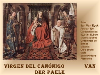 VIRGEN DEL CANÓNIGO  VAN DER PAELE Autor:  Jan Van Eyck Fecha: 1436 Características: 122,1x157,8cm Museo:  Museo Groeninge de Brujas Material:  Oleo sobre tabla Estilo  Pintura Flamenca 