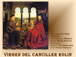 VIRGEN DEL CANCILLER ROLIN Autor:  Jan Van Eyck Fecha: 1435 Características:  66x62cm Museo:  Museo Nacional  del Louvre Material:  Óleo sobre tabla Estilo  Pintura Flamenca 