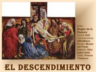 EL DESCENDIMIENTO Autor:  Rogier de la Pasture Fecha: 1435 Características: 220x262cm Museo:  Museo del Prado Material:  Oleo sobre tabla Estilo:  Pintura Flamenca 